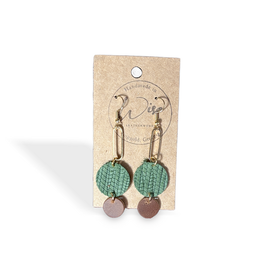 Green and Brown leather dangle earrings with Gold colored accents