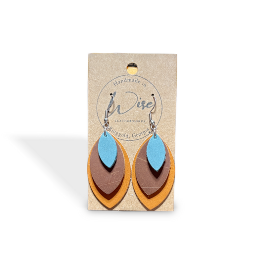 Autumn Trail Leather Earrings (Turquoise & Brown Layered Leather Leaf Earrings)