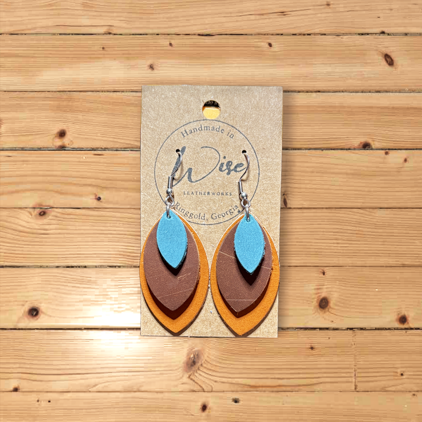 Turquoise & Brown Layered Leather Leaf Earrings
