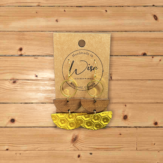 Yellow Honeycomb and wood leather dangle earrings with gold colored accents