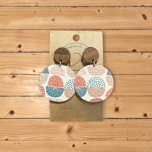 Multi colored leather pattern circles with wood post