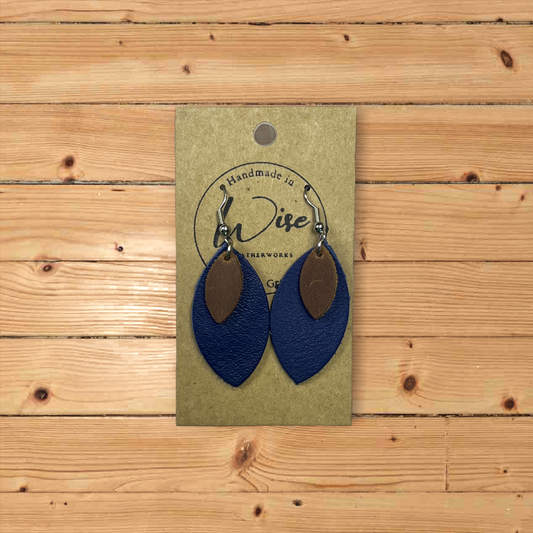 Navy Blue and Brown Leather Earrings