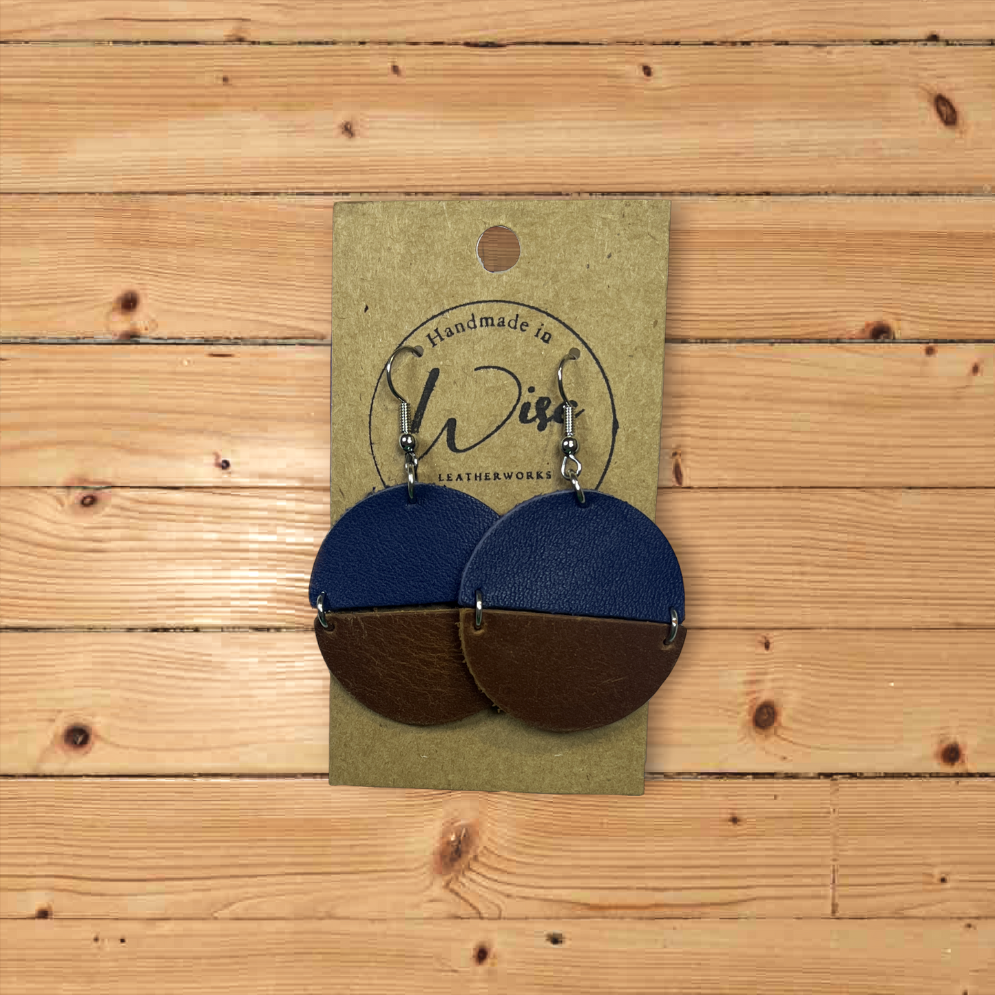 Brown and Navy Blue Circles Leather Earrings