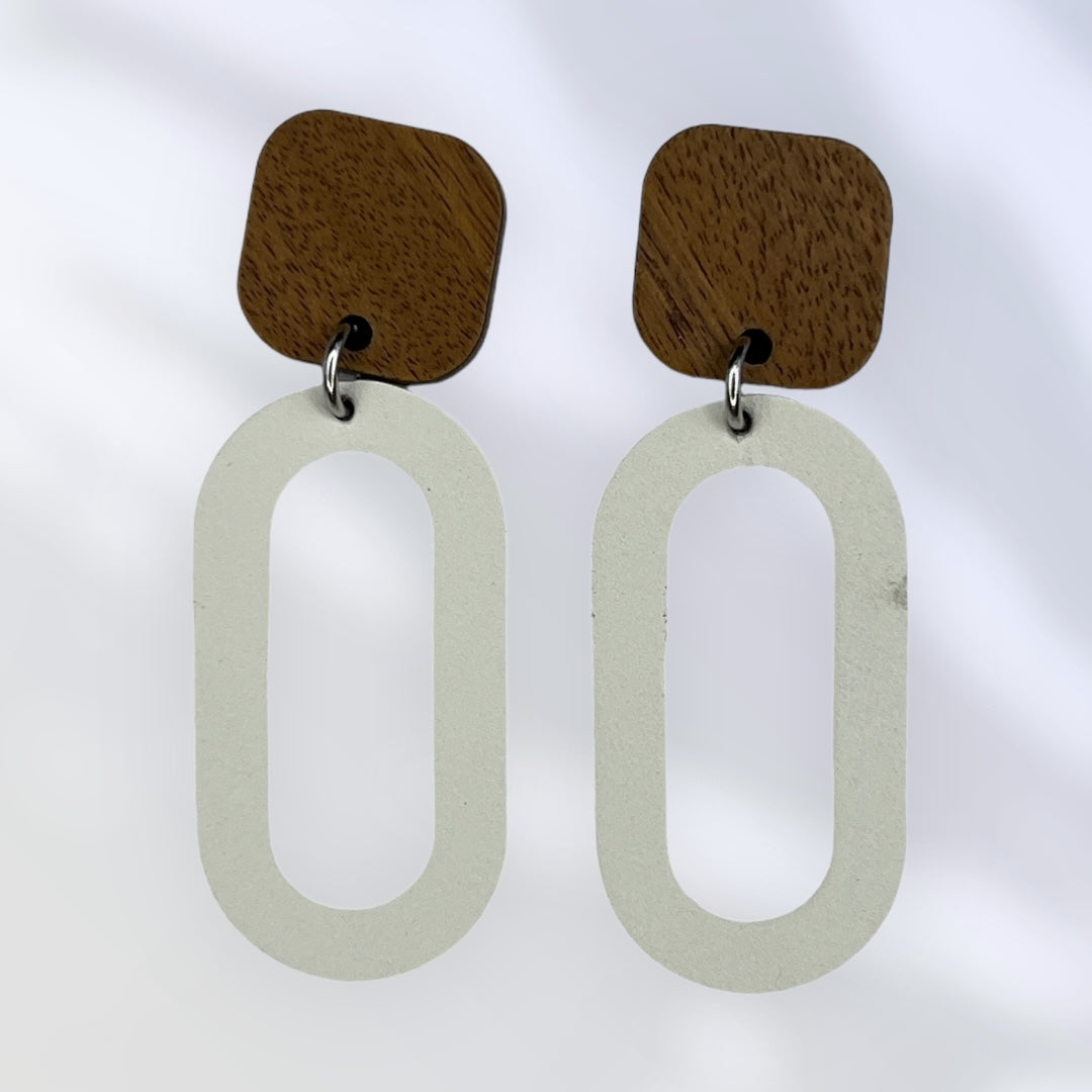 White Oval leather earrings with wood post