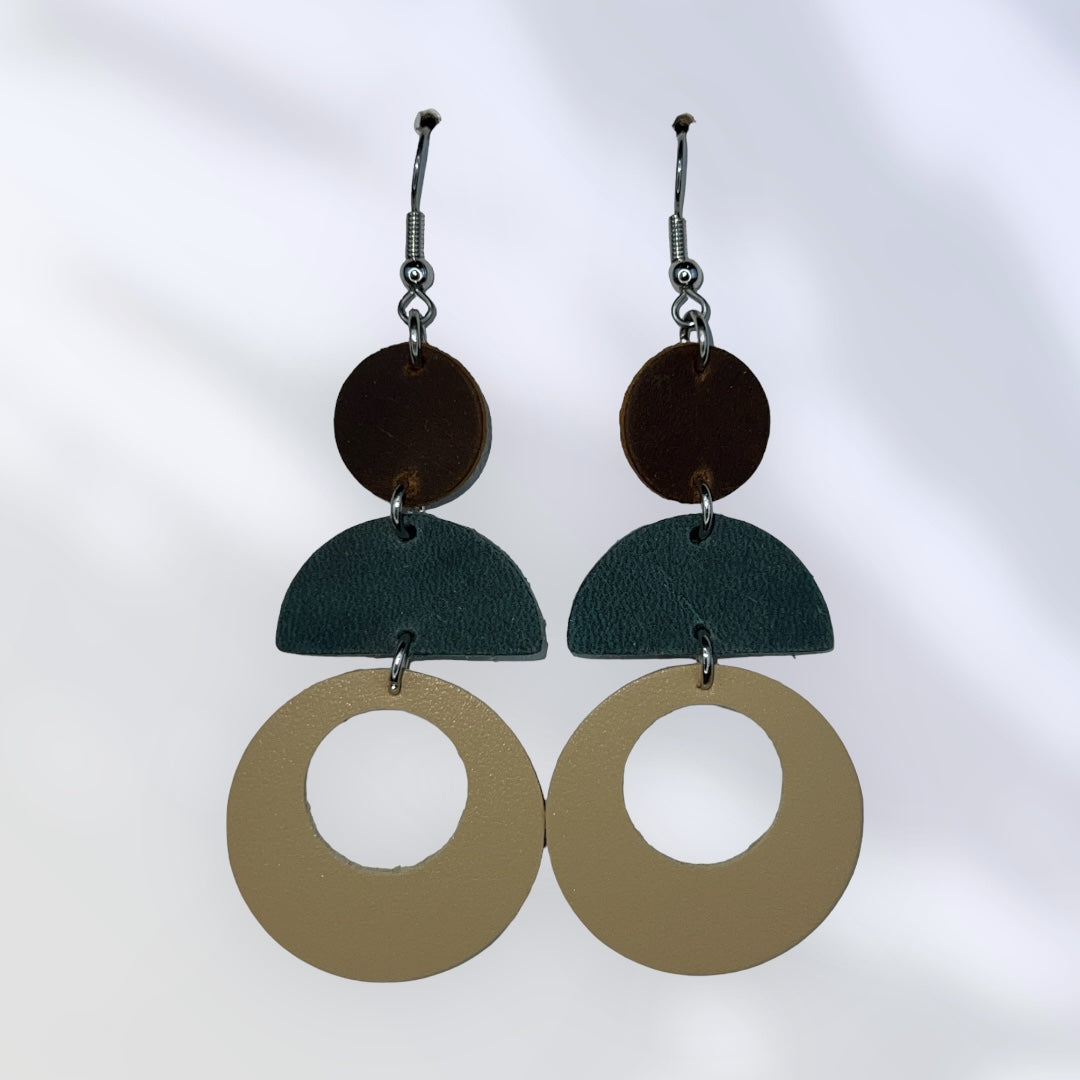 Brown, Dark Turquoise and Cream handmade leather earrings.