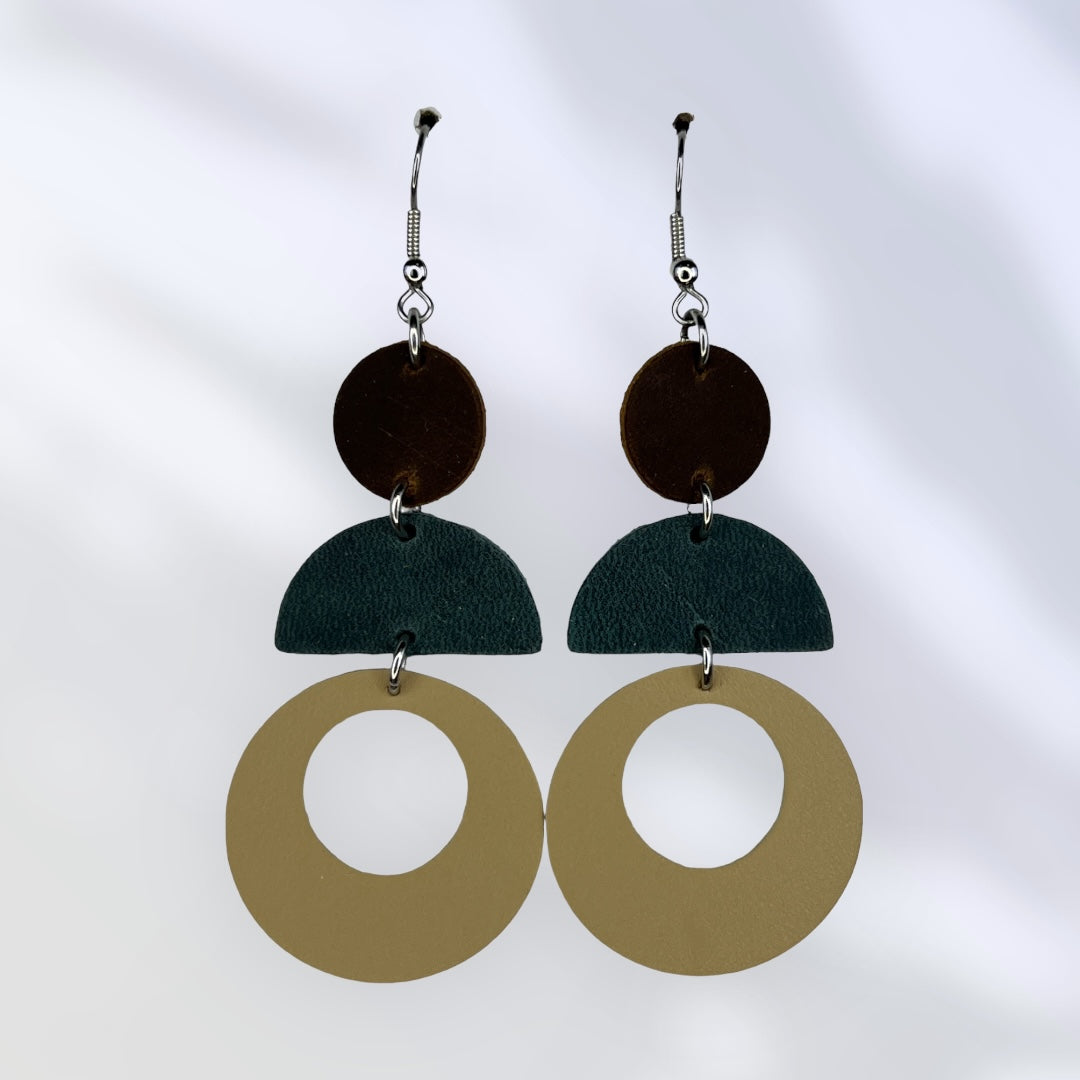 Brown, Dark Turquoise and Cream handmade leather earrings.