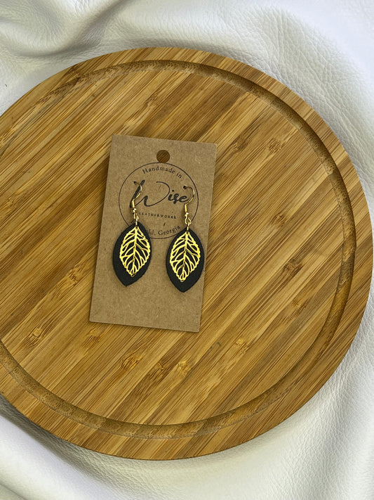 Gold leaf with black leather accent earrings