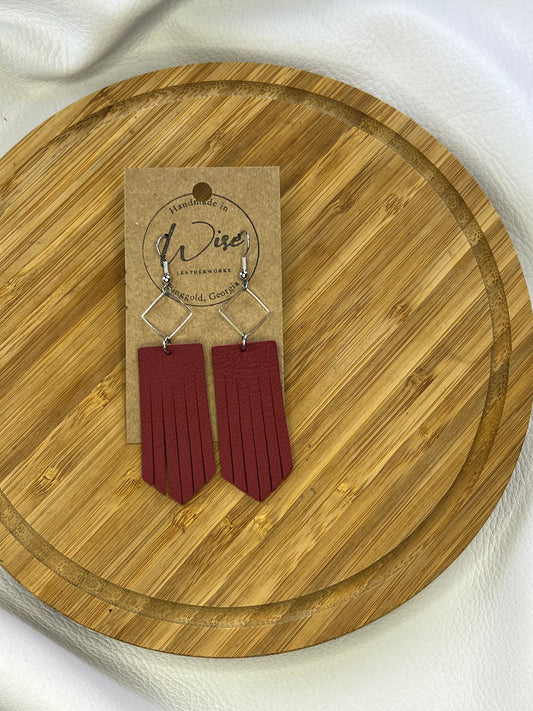 Red leather tassels earrings with metal accents