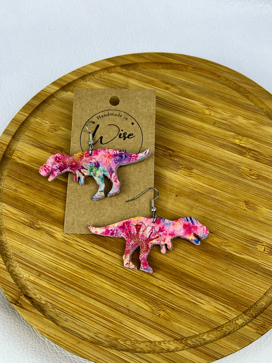 Tie Dye T Rex -Handmade leather earrings