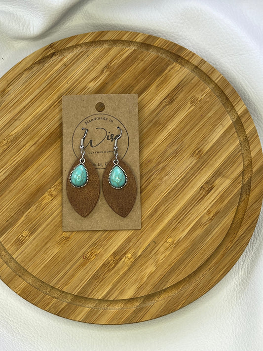 Turquoise charm with brown leather earrings