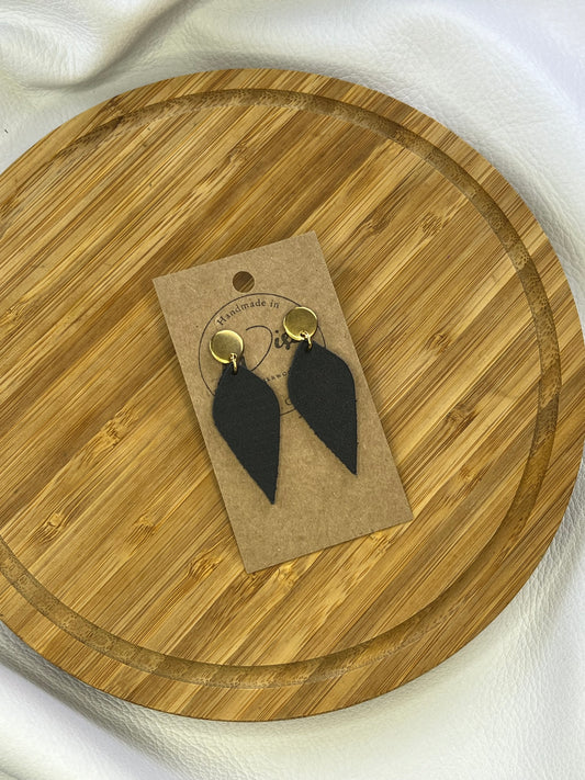 Black dagger leather earrings with gold colored posts - Large