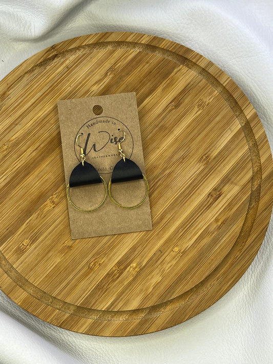 Small gold hoops with black leather accent earrings