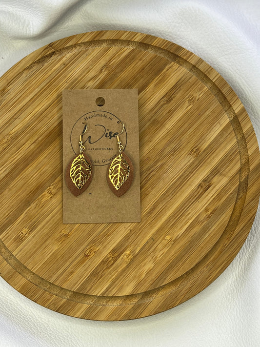 Gold colored leaf with brown leather accent earrings