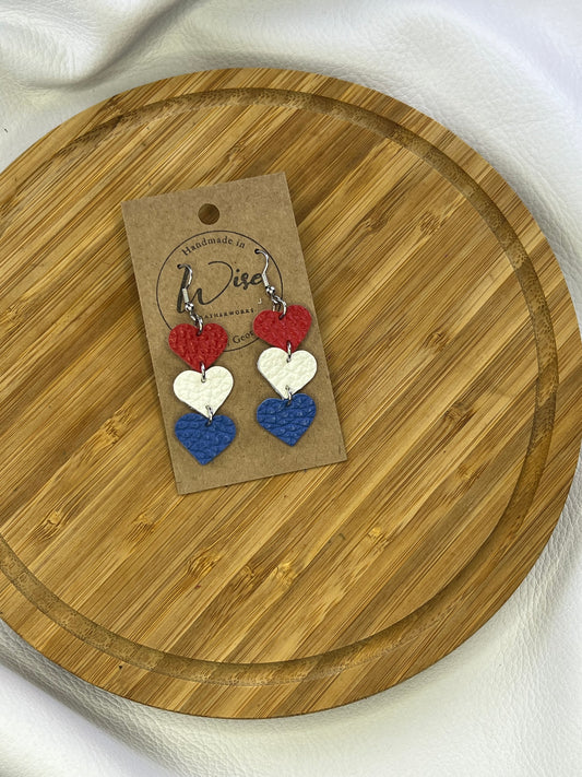 Red White and Blue Leather Heart earrings